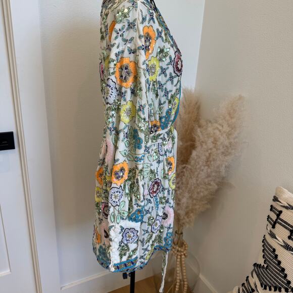 ASOS Fully Beaded Floral Wrap Belted Mini Dress NWT Size 8 - Picture 2 of 12